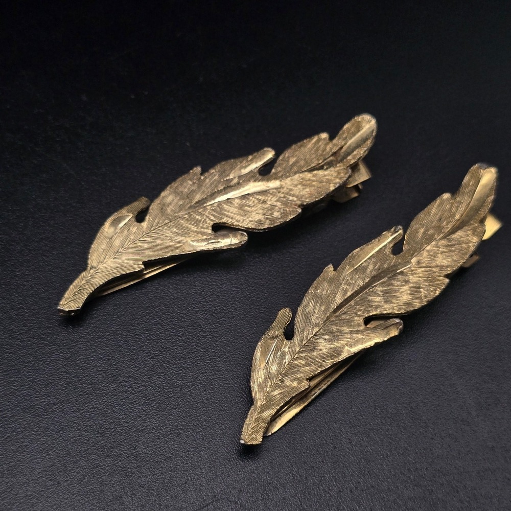Vintage Gold Tone Leaf Hair Clips Barrettes Pair of Two